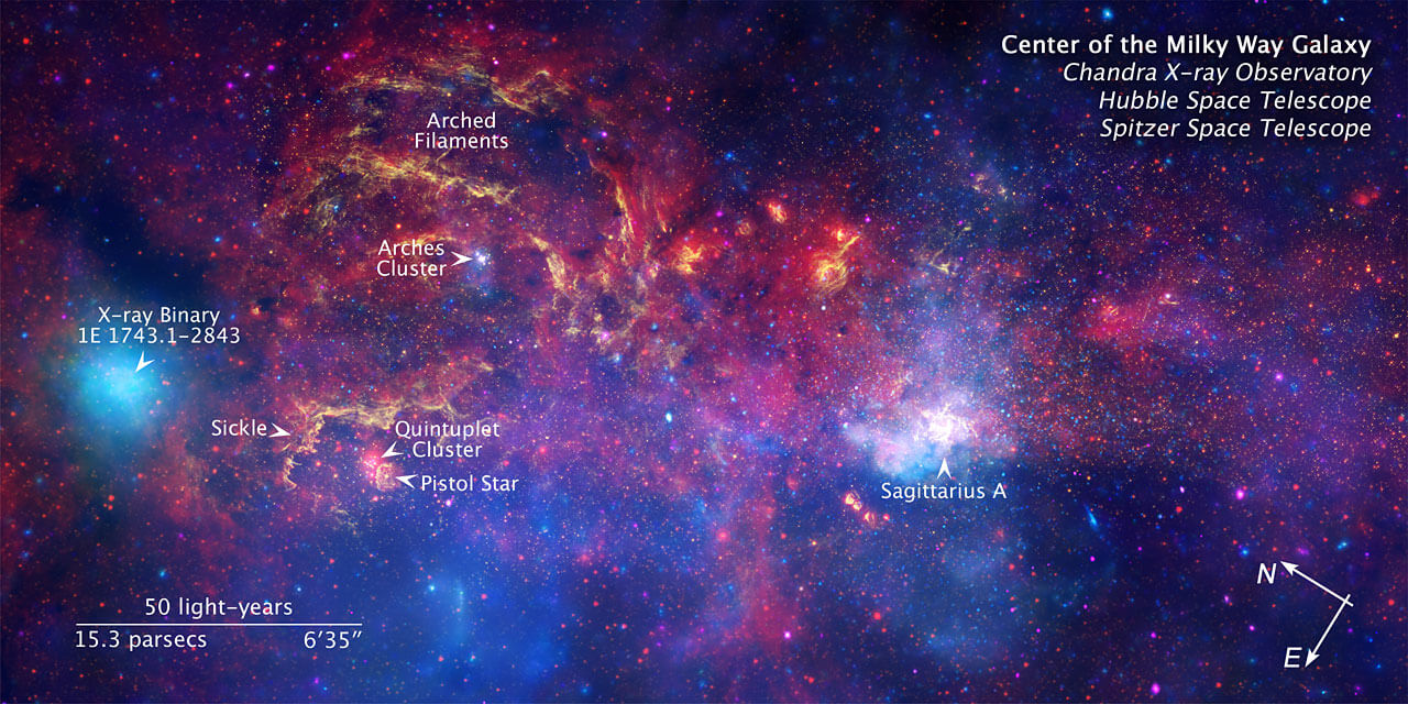 A never-before-seen view of the turbulent heart of our Milky Way galaxy, courtesy of Hubble, Spitzer and Chandra.