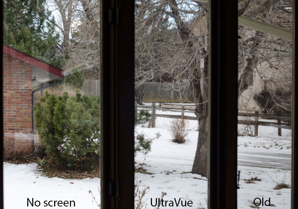 Wide view of three windows, with and without each of the screens installed